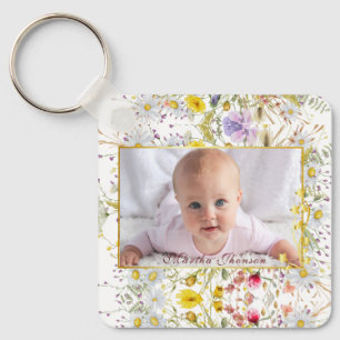 Cute Pink gold Floral Watercolor Baby Girl Photo Keychain