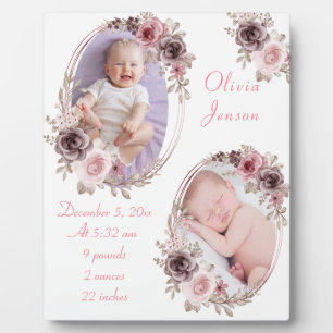 Cute Pink Gold Floral Watercolor Baby Girl Photo Plaque