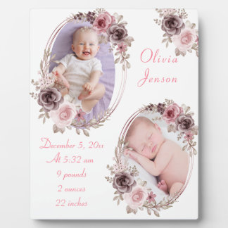 Cute Pink Gold Floral Watercolor Baby Girl Photo Plaque