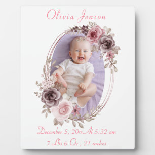 Cute Pink Gold Floral Watercolor Baby Girl Photo Plaque
