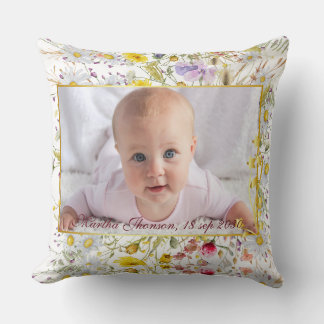 Cute Pink gold Floral Watercolor Baby Girl Photo  Throw Pillow