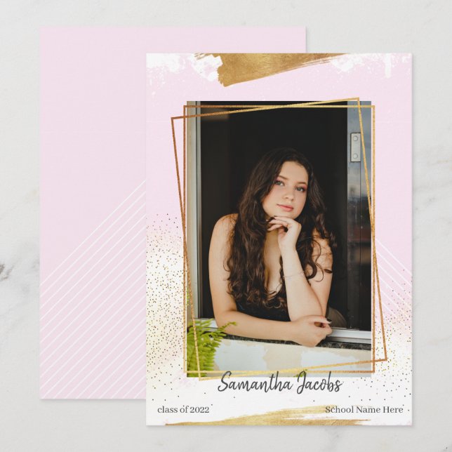 Cute Pink & Gold Framed Graduation Announcement (Front/Back)