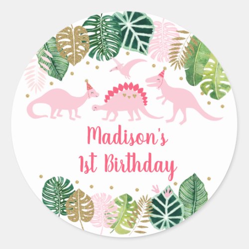 Cute Pink  Gold Girl Dinosaur Birthday Classic Round Sticker
