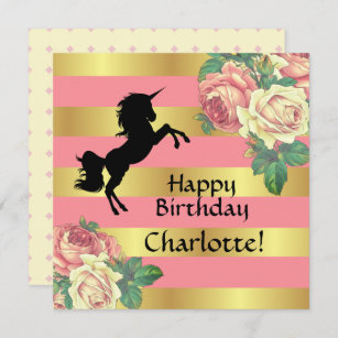 Cute Pink & Gold Girly Unicorn Happy Birthday Card