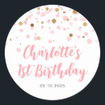 Cute Pink Gold Glitter Confetti Dots Kids Birthday Classic Round Sticker<br><div class="desc">Blush Pink Gold Glitter Sparkle Confetti Birthday Favor Sticker</div>