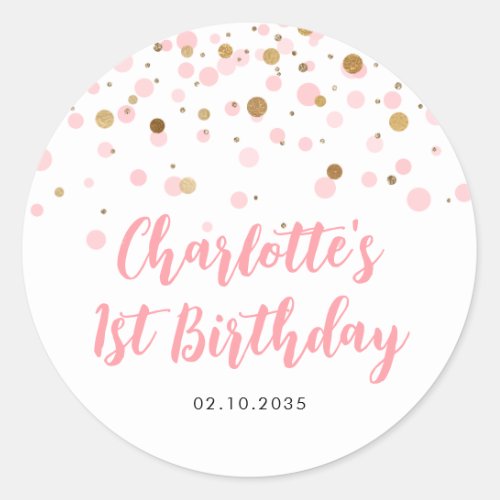 Cute Pink Gold Glitter Confetti Dots Kids Birthday Classic Round Sticker