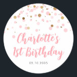 Cute Pink Gold Glitter Confetti Dots Kids Birthday Classic Round Sticker<br><div class="desc">Blush Pink Gold Glitter Sparkle Confetti Birthday Favor Sticker</div>
