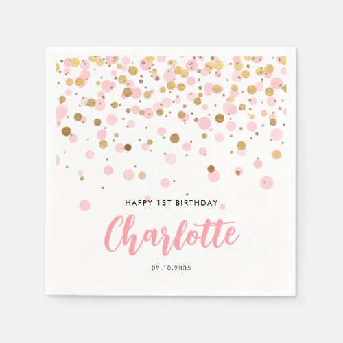 Cute Pink Gold Glitter Confetti Dots Kids Birthday Napkins