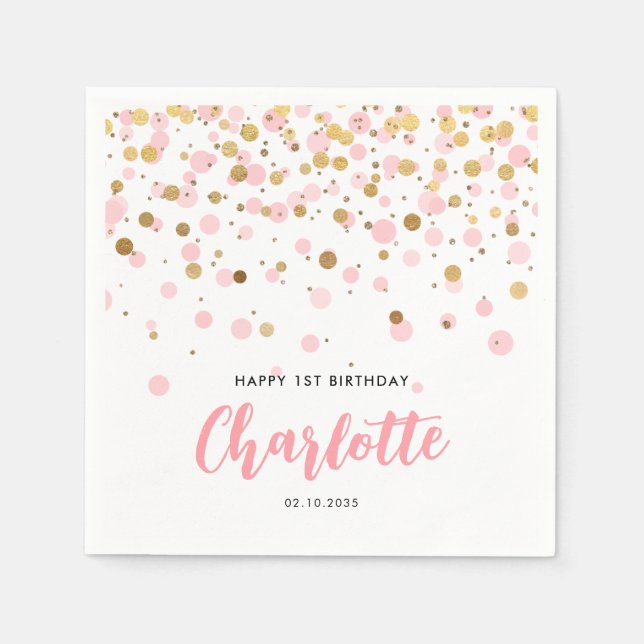 Cute Pink Gold Glitter Confetti Dots Kids Birthday Napkins (Front)