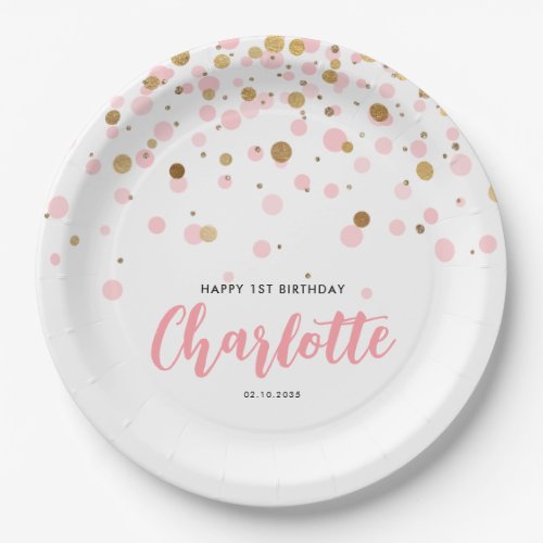 Cute Pink Gold Glitter Confetti Dots Kids Birthday Paper Plates