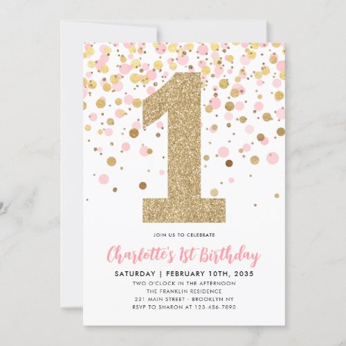 Cute Pink Gold Glitter Confetti Girl 1st Birthday Invitation