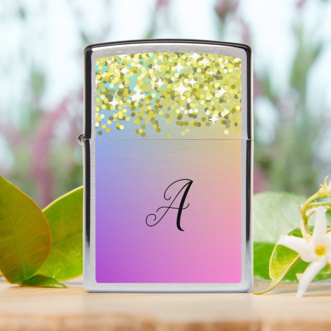Cute Pink Gold Glitter Custom Monogram Womens Zippo Lighter (On Table)