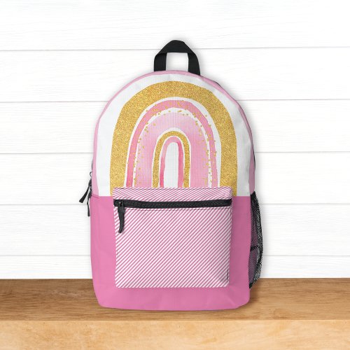 Cute Pink Gold Glitter Rainbow w Name Kids Printed Backpack