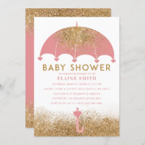Cute Pink Gold Glitter Umbrella Baby Shower  Invitation