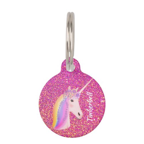 Cute Pink Gold Glitter Unicorn Rainbow Fantasy Pet ID Tag