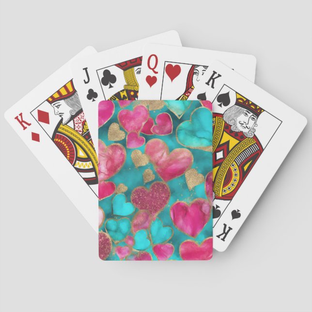 Cute Pink Gold Glitter Valentine Love Hearts Poker Cards (Back)