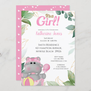 Cute Pink Gold Hippo Baby Shower Invitation