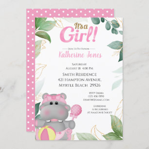 Cute Pink Gold Hippo Baby Shower Invitation