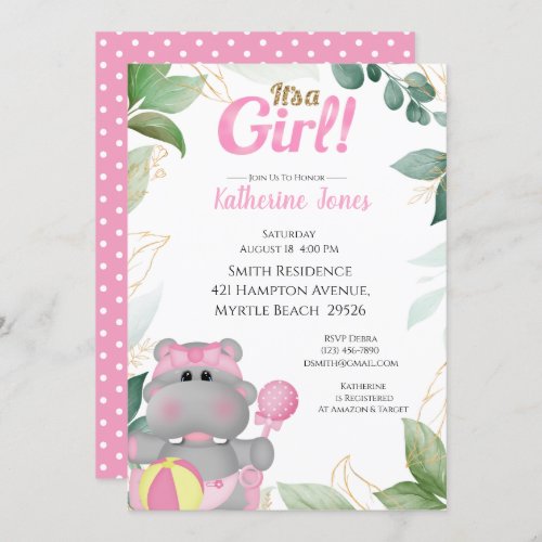 Cute Pink Gold Hippo Baby Shower  Invitation