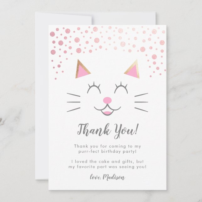Cute Pink Gold Kitty Cat Birthday Party Thank You Card (Front)