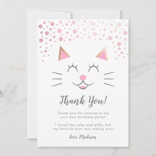 Cute Pink Gold Kitty Cat Birthday Party Thank You Card