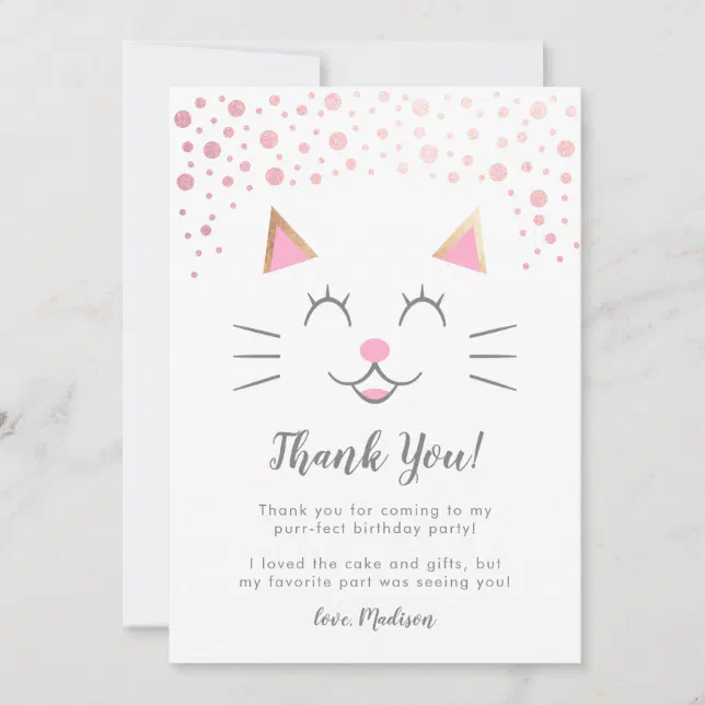 Cute Pink Gold Kitty Cat Birthday Party Thank You Card | Zazzle