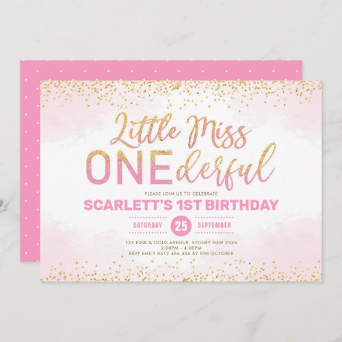 Cute Pink Gold Little Miss Onederful 1st Birthday Invitation