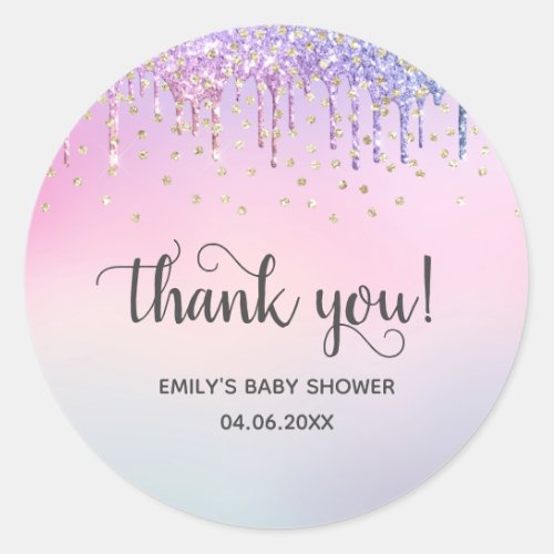 Cute Pink  Gold Rainbow Glitter Drips Baby Shower Classic Round Sticker