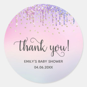 Cute Pink & Gold Rainbow Glitter Drips Baby Shower Classic Round Sticker