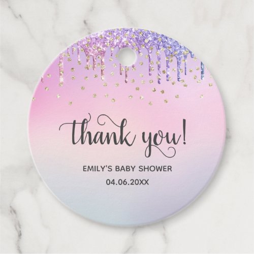 Cute Pink  Gold Rainbow Glitter Drips Baby Shower Favor Tags