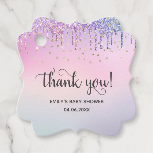 Cute Pink  Gold Rainbow Glitter Drips Baby Shower Favor Tags