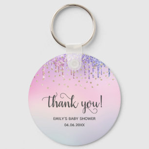 Cute Pink & Gold Rainbow Glitter Drips Baby Shower Keychain