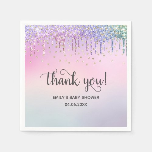 Cute Pink  Gold Rainbow Glitter Drips Baby Shower Napkins