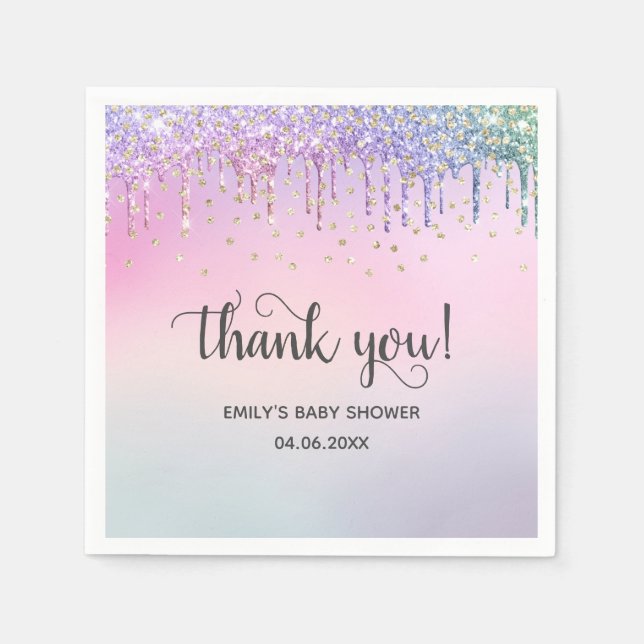 Cute Pink & Gold Rainbow Glitter Drips Baby Shower Napkins (Front)