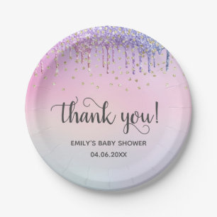 Cute Pink & Gold Rainbow Glitter Drips Baby Shower Paper Plates