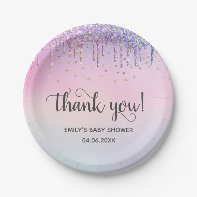 Cute Pink & Gold Rainbow Glitter Drips Baby Shower Paper Plates (Front)