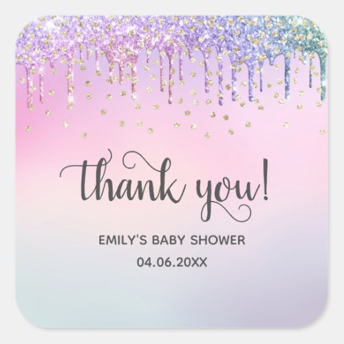 Cute Pink  Gold Rainbow Glitter Drips Baby Shower Square Sticker