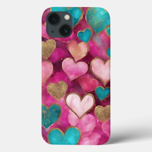 Cute Pink Gold Teal Glitter Valentine Love Hearts iPhone 13 Case