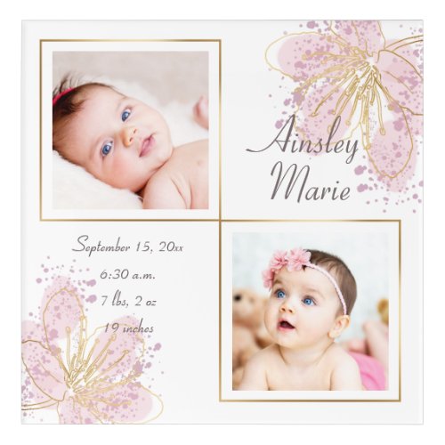 Cute Pink Gold Two Photo Baby Girl Birth Stats Acrylic Print