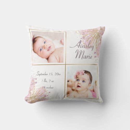 Cute Pink Gold Two Photo Baby Girl Birth Stats Throw Pillow