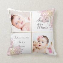 Cute Pink Gold Two Photo Baby Girl Birth Stats Throw Pillow