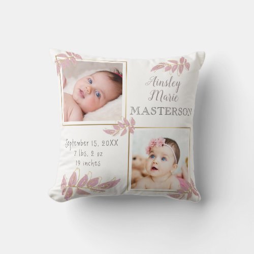 Cute Pink Gold Two Photo Baby Girl Birth Stats Throw Pillow