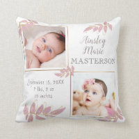 Cute Pink Gold Two Photo Baby Girl Birth Stats Throw Pillow