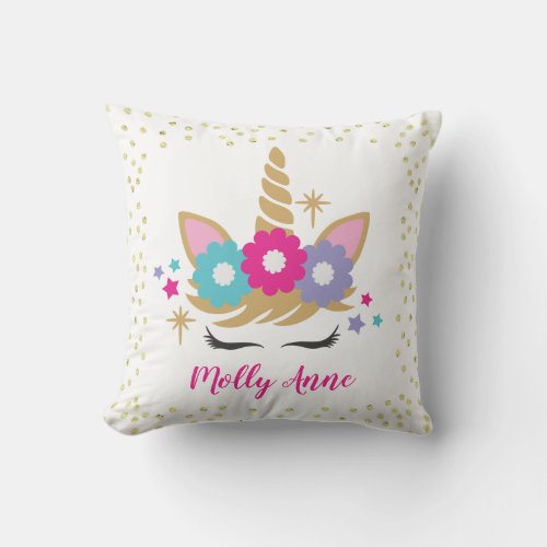 Cute Pink Gold Unicorn Face Eyelashes Magical Throw Pillow