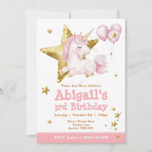 Cute Pink Gold Unicorn Girls Birthday Invitation