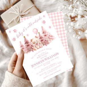 Cute Pink Gold Winter Teddy Bear Baby Girl Shower Invitation