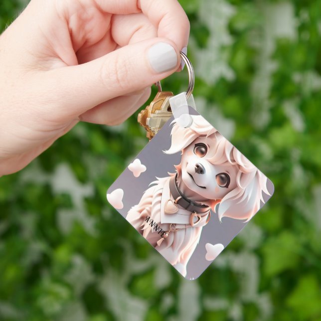 Cute Pink Golden Retriever Kids Custom Name Keychain (Hand)