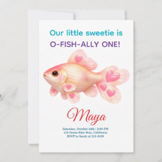 Cute Pink Goldfish O-Fish-Ally One 1st Birthday  Invitation