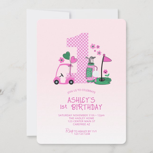 Cute Pink Golf 1st Birthday Invitation (Front)