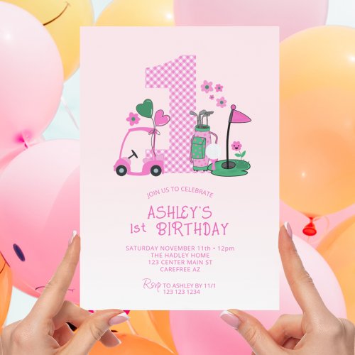 Cute Pink Golf 1st Birthday Invitation